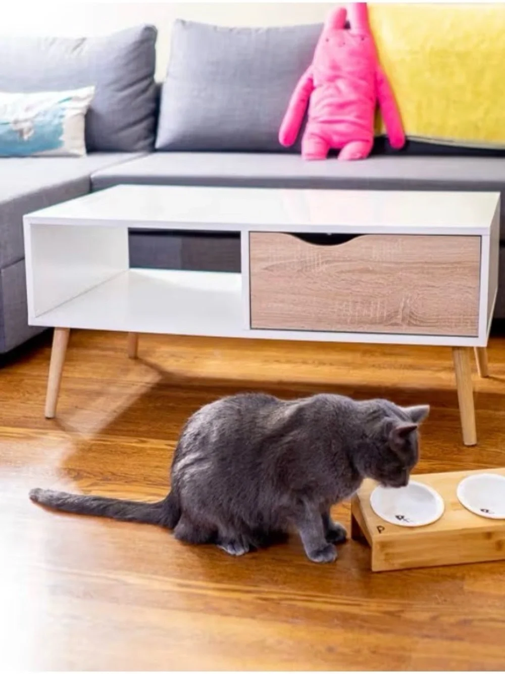 Bamboo Elevated Double Pet Bowls with White Ceramic Inserts